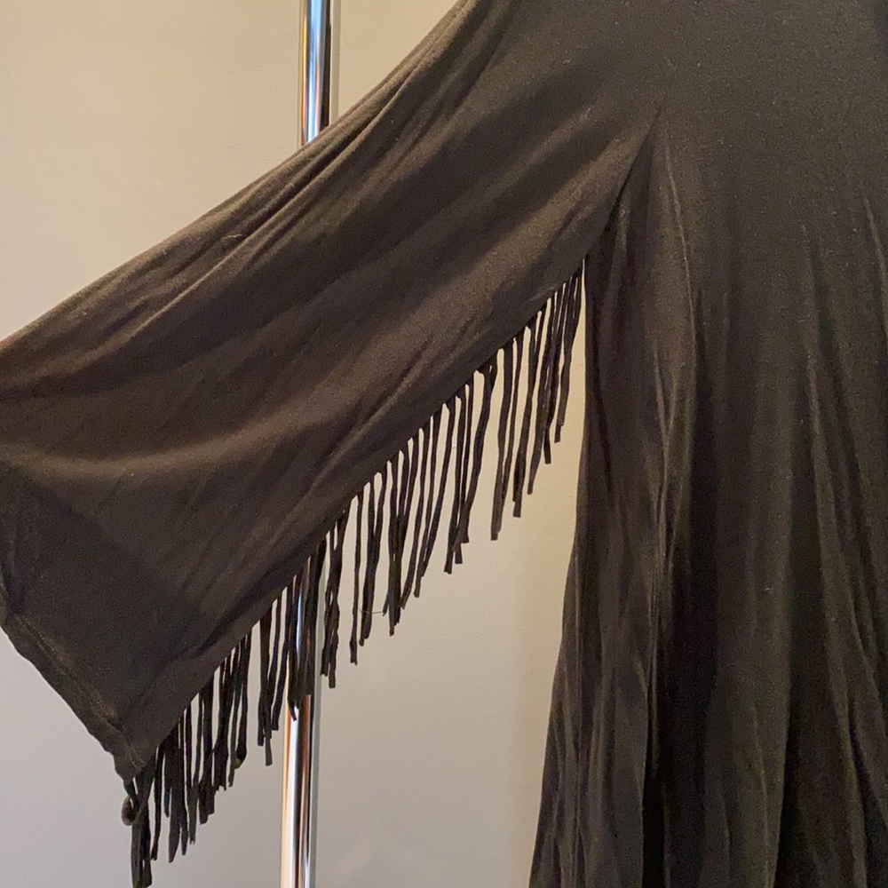 Hi-lo Black Express Top with fringe sleeves. Size M.